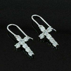 New 14k Gold Over Silver Diamond Cross Drop Earrings